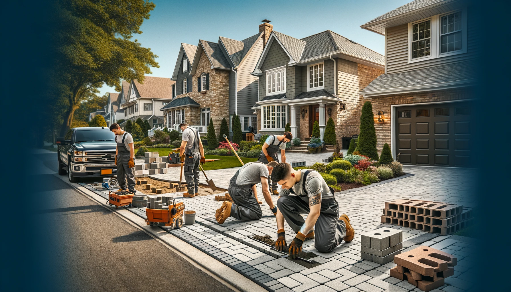 A team of paving and masonry contractors working on a residential driveway and walkway in Medford, New York, Long Island