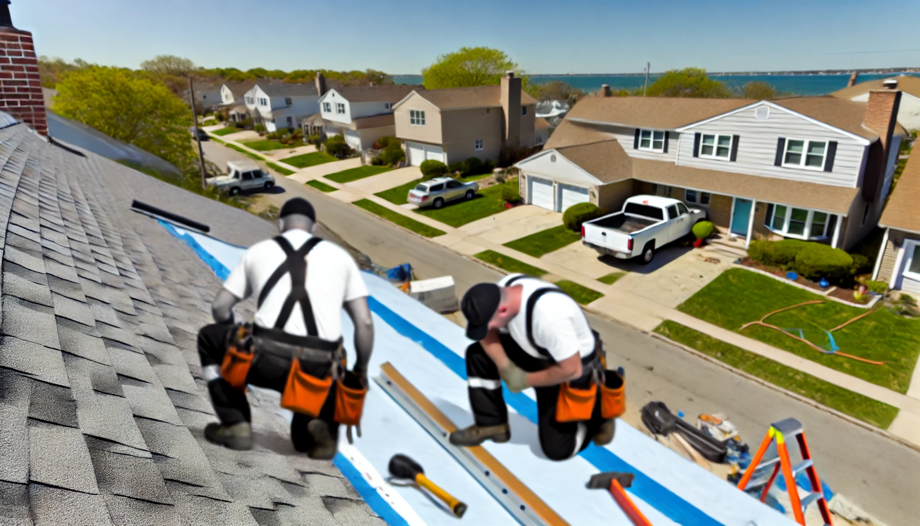 professional roofing company working on a residential roof in Long Island